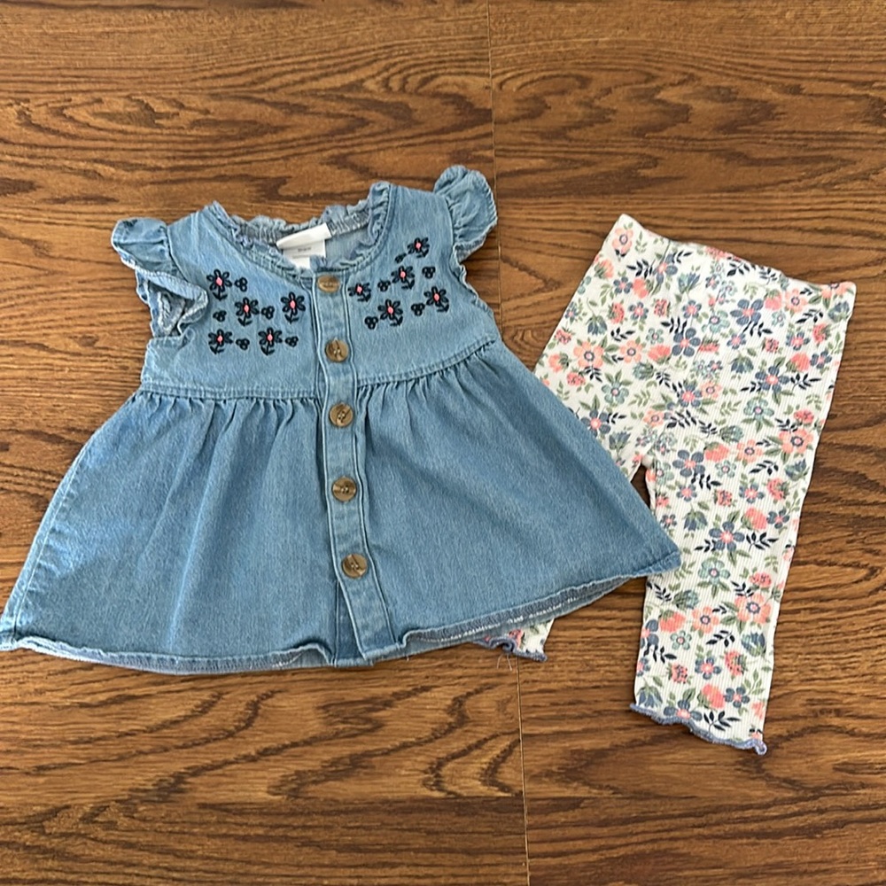 Girls 12 Months blue shirt embroidered flowers and matching leggings